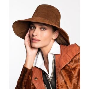 Eric Javits Anett Tabac Hat Brown Calf Suede Packable Floppy Water Repellent UPF